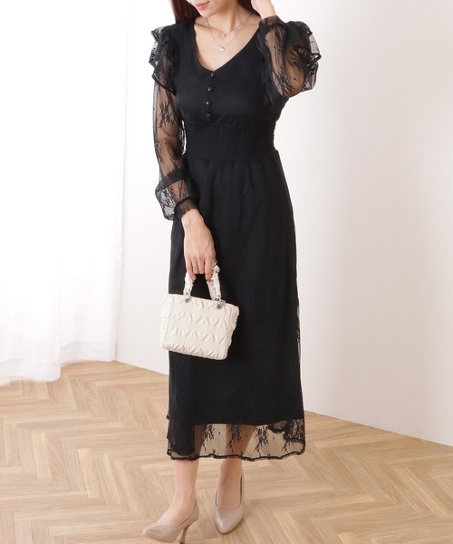 Lace Ladies(レースレディース)の「フリル付き フラワー チュール Vネック ワンピース(ワンピース・レディース・ブルーグレー/ブラック/ラベンダー・S/FREE)」の7枚目の写真
