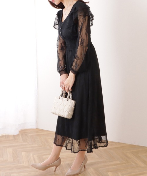 Lace Ladies(レースレディース)の「フリル付き フラワー チュール Vネック ワンピース(ワンピース・レディース・ブルーグレー/ブラック/ラベンダー・S/FREE)」の8枚目の写真