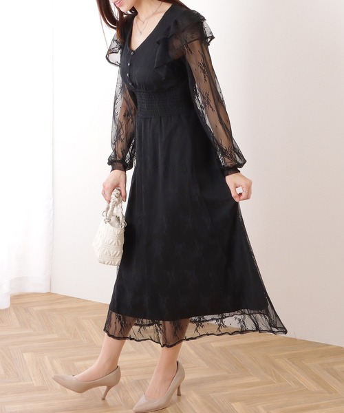 Lace Ladies(レースレディース)の「フリル付き フラワー チュール Vネック ワンピース(ワンピース・レディース・ブルーグレー/ブラック/ラベンダー・S/FREE)」の9枚目の写真