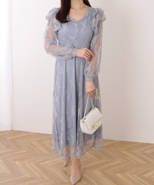Lace Ladies(レースレディース)の「フリル付き フラワー チュール Vネック ワンピース(ワンピース・レディース・ブルーグレー/ブラック/ラベンダー・S/FREE)」の10枚目の写真