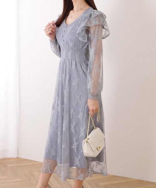 Lace Ladies(レースレディース)の「フリル付き フラワー チュール Vネック ワンピース(ワンピース・レディース・ブルーグレー/ブラック/ラベンダー・S/FREE)」の11枚目の写真