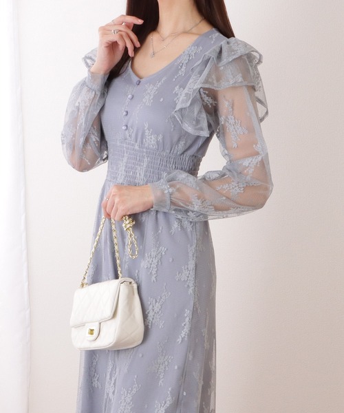 Lace Ladies(レースレディース)の「フリル付き フラワー チュール Vネック ワンピース(ワンピース・レディース・ブルーグレー/ブラック/ラベンダー・S/FREE)」の12枚目の写真