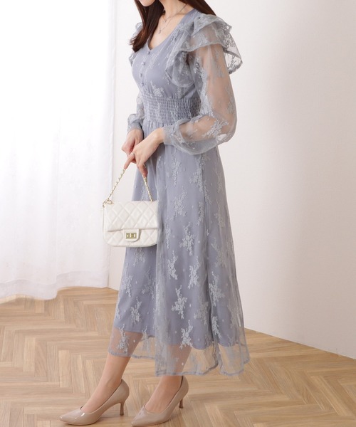 Lace Ladies(レースレディース)の「フリル付き フラワー チュール Vネック ワンピース(ワンピース・レディース・ブルーグレー/ブラック/ラベンダー・S/FREE)」の13枚目の写真