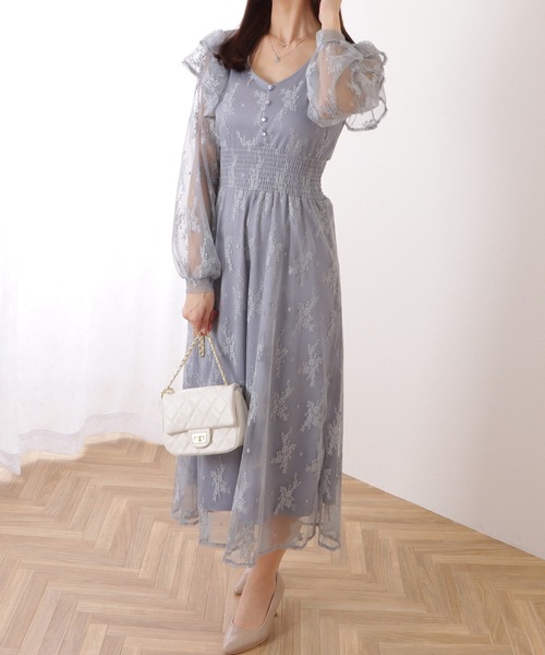 Lace Ladies(レースレディース)の「フリル付き フラワー チュール Vネック ワンピース(ワンピース・レディース・ブルーグレー/ブラック/ラベンダー・S/FREE)」の14枚目の写真