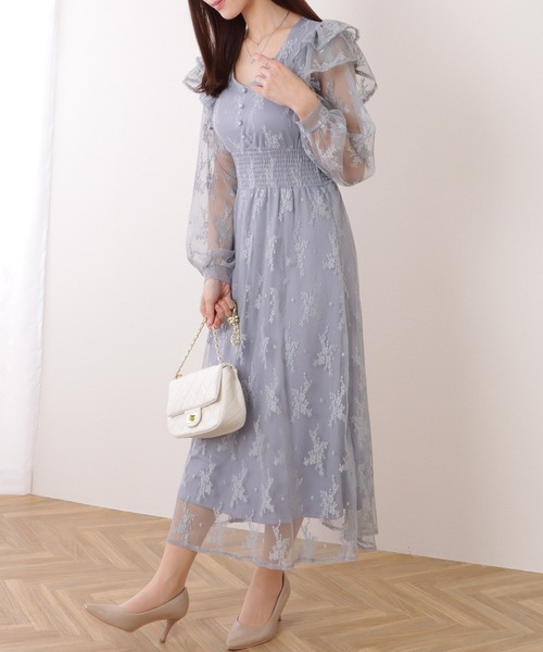 Lace Ladies(レースレディース)の「フリル付き フラワー チュール Vネック ワンピース(ワンピース・レディース・ブルーグレー/ブラック/ラベンダー・S/FREE)」の15枚目の写真