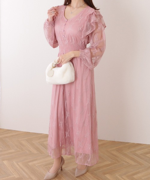 Lace Ladies(レースレディース)の「フリル付き フラワー チュール Vネック ワンピース(ワンピース・レディース・ブルーグレー/ブラック/ラベンダー・S/FREE)」の18枚目の写真