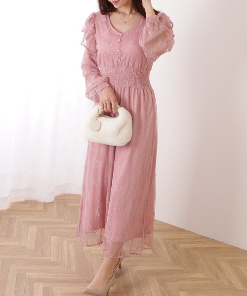 Lace Ladies(レースレディース)の「フリル付き フラワー チュール Vネック ワンピース(ワンピース・レディース・ブルーグレー/ブラック/ラベンダー・S/FREE)」の21枚目の写真