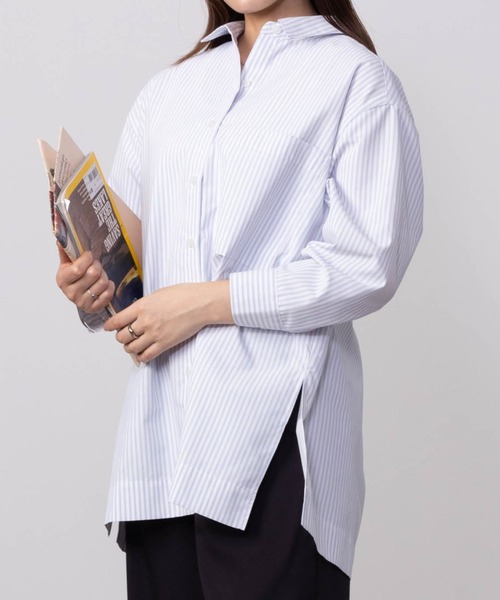 HusHusH（ハッシュアッシュ）の「HusHusH ハッシュアッシュ コットンライクチュニックシャツ（シャツ/ブラウス・レディース・ネイビー×ホワイト/サックスブルー系/ホワイト・L/M/S）」の4枚目の写真