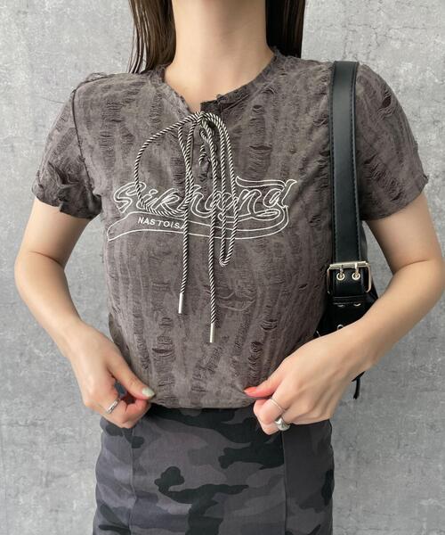 dispark(ディスパーク)の「DISPARK/ヴィンテージフロントレースアップT(Tシャツ/カットソー・レディース・グレー/ブラック・FREE)」の1枚目の写真