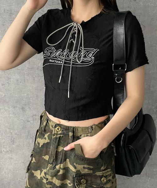 dispark(ディスパーク)の「DISPARK/ヴィンテージフロントレースアップT(Tシャツ/カットソー・レディース・グレー/ブラック・FREE)」の2枚目の写真