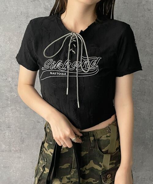 dispark(ディスパーク)の「DISPARK/ヴィンテージフロントレースアップT(Tシャツ/カットソー・レディース・グレー/ブラック・FREE)」の6枚目の写真