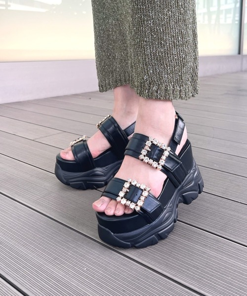 R&E　厚底ラバービジューバックルベルトサンダル セール】【R&E】厚底ラバービジューバックルベルトサンダル