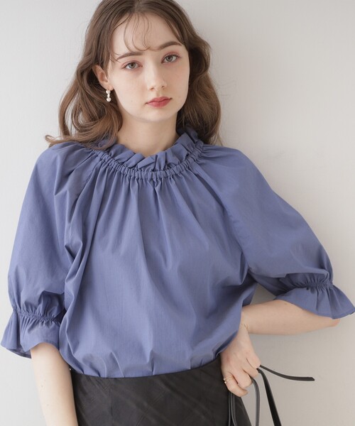 couture brooch(クチュールブローチ)の「◆ギャザーフリルリボンタイ(シャツ/ブラウス・レディース・ブルー/オフホワイト・42/38/40/36)」の2枚目の写真