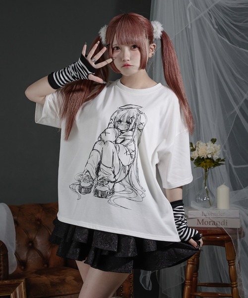 Pal elfy(パルエルフィー)の「イラストT(Tシャツ/カットソー・レディース・ブラック/オフホワイト・フリー)」の1枚目の写真
