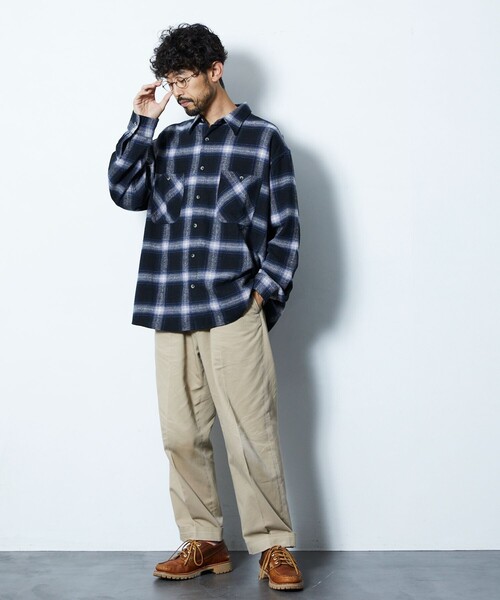 ロングスリーブ 重ね着風 チェック柄 フリル クルーネック 紺 セール】FREAK'S STORE/フリークスストア オンブレ ネルチェック