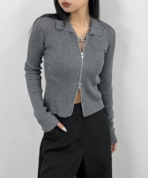 【LVEU.】ダブルジップラメニット長袖トップス / トップス 長袖 リブ ストレッチ ラメ タイト カーディガン 羽織り Wジップ ジップ ファスナー ダブルジップ ブラック グレー ブルー