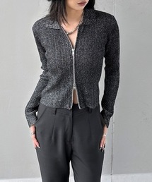 【LVEU.】ダブルジップラメニット長袖トップス / トップス 長袖 リブ ストレッチ ラメ タイト カーディガン 羽織り Wジップ ジップ ファスナー ダブルジップ ブラック グレー ブルー