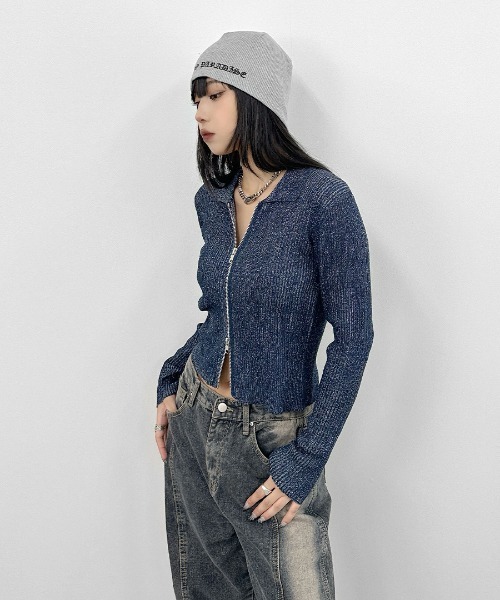 LVEU.】ダブルジップラメニット長袖トップス / トップス 長袖 リブ