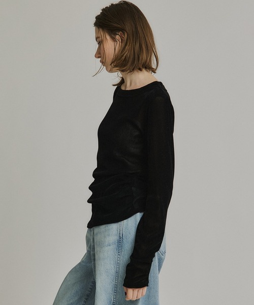 PUBLIC TOKYO（パブリックトウキョウ）の「シャーリングベロアチュールスリットトップス（Tシャツ/カットソー・レディース・イエロー/サックスブルー/ブラック/チャコールグレー/マスタード・FREE）」の13枚目の写真