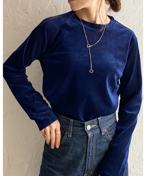 シー カットソー 長袖 ベロア ショート丈 ロングスリーブ タグ付き F 紺 SEA - シー カットソー 長袖 ベロア ショート丈 ロングスリーブ タグ