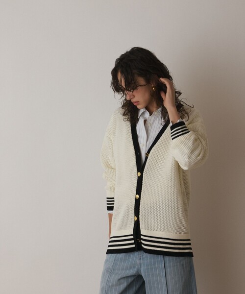 Diagram（ダイアグラム）の「メッシュラインニットカーディガン（カーディガン/ボレロ・レディース・ホワイト/ブラック/イエロー・36）」の7枚目の写真