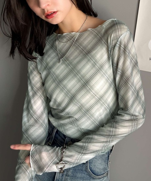classicalelf(クラシカルエルフ)の「大人レトロでスタイリッシュ。オンブレチェックシアーボートネックメロウトップス(長袖)(Tシャツ/カットソー・レディース・ブルー/グレー/レッド・LARGE/MEDIUM/SMALL/X-LARGE)」の11枚目の写真