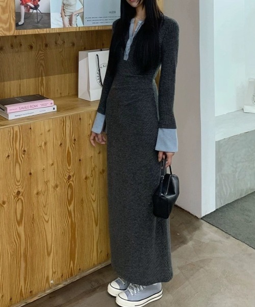 Achic(アシック)の「バイカラー リブニット ロングワンピース(ワンピース・レディース・グレー・M)」の10枚目の写真