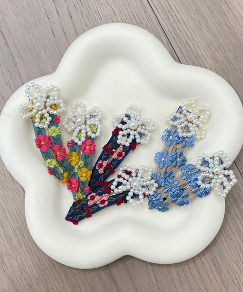 ヘアピース kutirlune／【2SET】レトロフラワービーズヘアクリップ