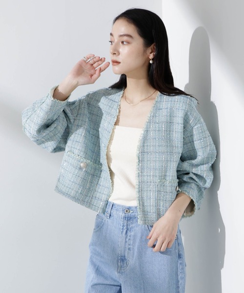 NANO universe（ナノユニバース）の「ツィードポケットショートジャケット（ノーカラージャケット・レディース・ベージュ/ブルー・FREE）」の3枚目の写真