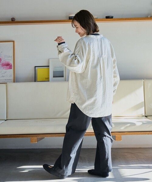 美品 コキュカ リネンレーヨン バンドカラーシャツ ブラック