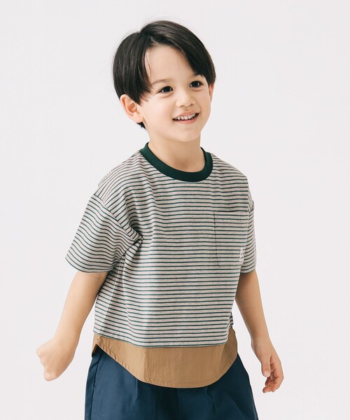 B:MING by BEAMS(ビーミングバイビームス)の「布帛コンビ ボーダー Tシャツ 2025SS(100~140cm)(Tシャツ/カットソー・キッズ・ベージュ/ブラウン系その他4・140/130/110/100/120)」の2枚目の写真