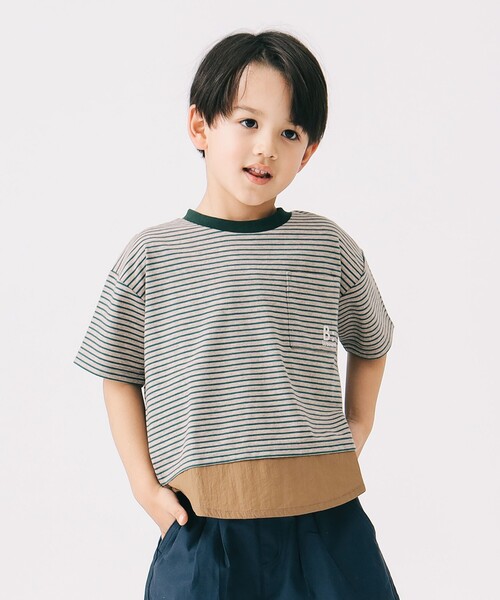 B:MING by BEAMS(ビーミングバイビームス)の「布帛コンビ ボーダー Tシャツ 2025SS(100~140cm)(Tシャツ/カットソー・キッズ・ベージュ/ブラウン系その他4・140/130/110/100/120)」の4枚目の写真