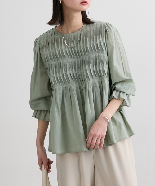 nissen(ニッセン)の「【インド綿】ピンタック使いブラウス(シャツ/ブラウス・レディース・オフホワイト/カーキ・LL/S/M/L)」の3枚目の写真