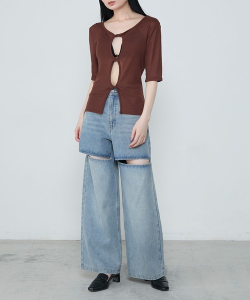 le ELMi(ルエルミ)の「Front twist compact half sleeve tops / フロントツイスト コンパクト ハーフスリーブ トップス(Tシャツ/カットソー・レディース・ブラウン/グレー/ブラック・FREE)」の14枚目の写真