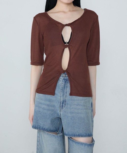 le ELMi(ルエルミ)の「Front twist compact half sleeve tops / フロントツイスト コンパクト ハーフスリーブ トップス(Tシャツ/カットソー・レディース・ブラウン/グレー/ブラック・FREE)」の15枚目の写真