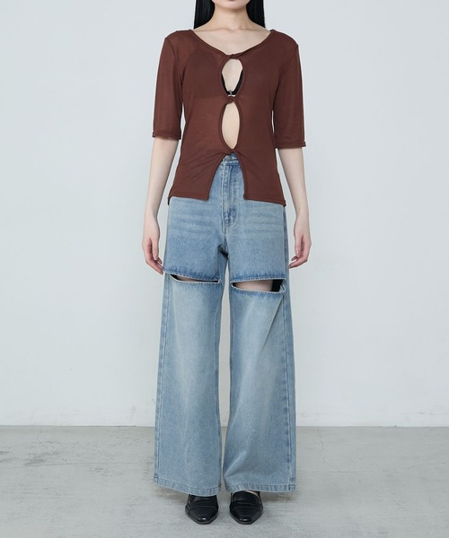 le ELMi(ルエルミ)の「Front twist compact half sleeve tops / フロントツイスト コンパクト ハーフスリーブ トップス(Tシャツ/カットソー・レディース・ブラウン/グレー/ブラック・FREE)」の18枚目の写真