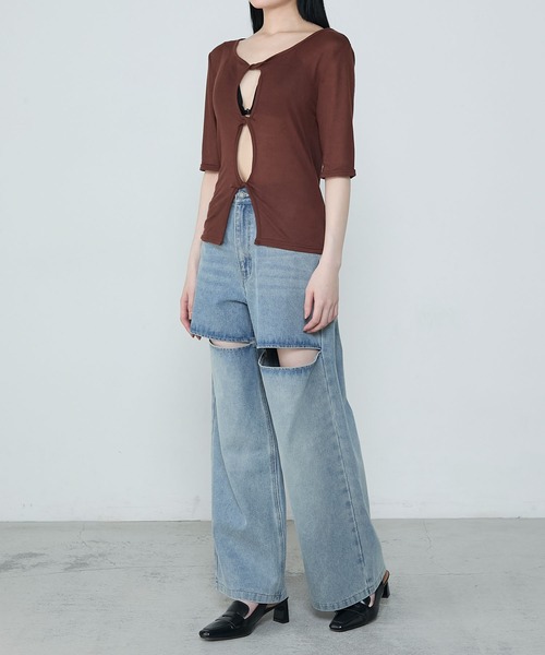 le ELMi(ルエルミ)の「Front twist compact half sleeve tops / フロントツイスト コンパクト ハーフスリーブ トップス(Tシャツ/カットソー・レディース・ブラウン/グレー/ブラック・FREE)」の19枚目の写真