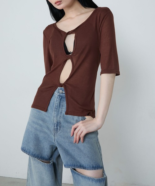 le ELMi(ルエルミ)の「Front twist compact half sleeve tops / フロントツイスト コンパクト ハーフスリーブ トップス(Tシャツ/カットソー・レディース・ブラウン/グレー/ブラック・FREE)」の22枚目の写真