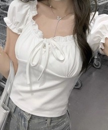 Mejoul（メジュール）の「オフショルフリルリボン半袖パフスリーブTシャツ（Tシャツ/カットソー）」