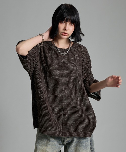 VELNUS（ベルナス）の「【VELNUS】Watermark knitting loose short sleeve lame summer knit/透かし編みルーズ半袖ラメサマーニット（Tシャツ/カットソー・メンズ・ホワイト/ブルー/ブラック/ブラウン/ボルドー・S/M/L）」の4枚目の写真