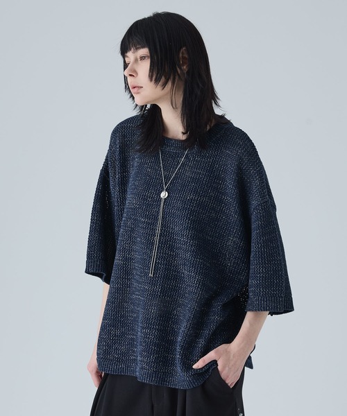 VELNUS 透かし編みルーズ半袖ステッチサマーカーディガン VELNUS】Watermark knitting loose short sleeve lame summer