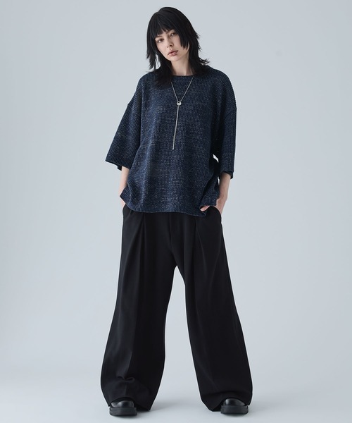 新品未使用 【VELNUS】透かし編みルーズ半袖ラメサマーニット ネイビーL VELNUS】Watermark knitting loose short sleeve stitch summer
