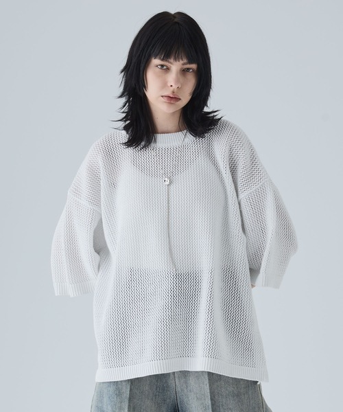 新品未使用 【VELNUS】透かし編みルーズ半袖ラメサマーニット ブラックL VELNUS】Watermark knitting loose short sleeve lame summer