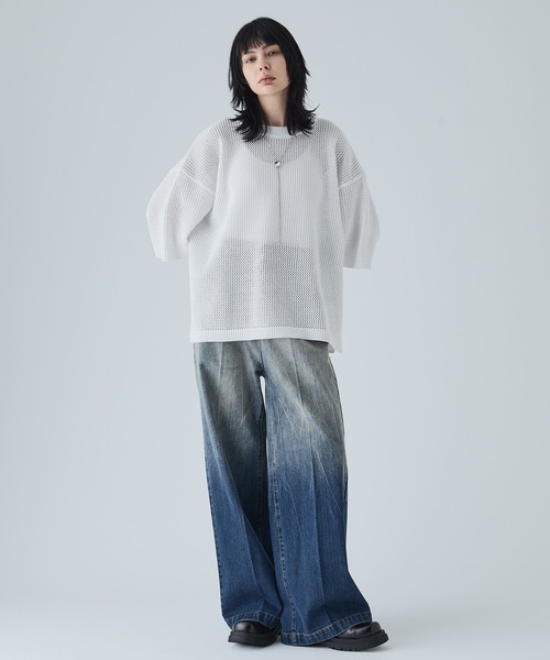 VELNUS】Watermark knitting loose short sleeve lame summer