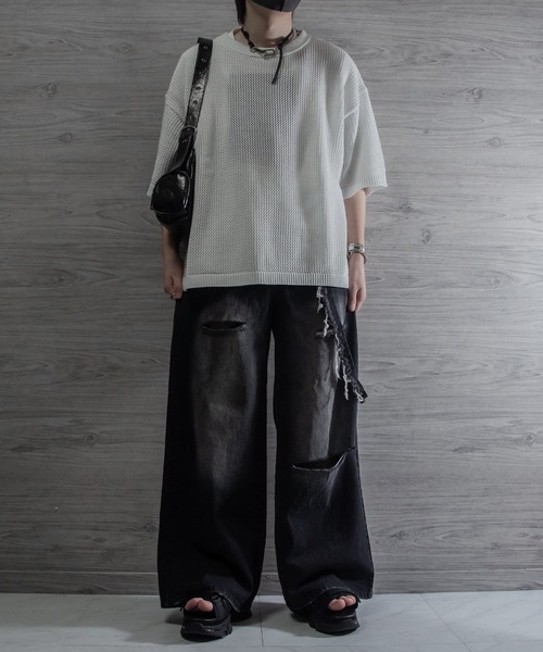 VELNUS】Watermark knitting loose short sleeve lame summer