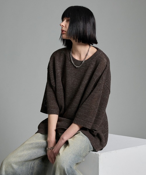 VELNUS（ベルナス）の「【VELNUS】Watermark knitting loose short sleeve lame summer knit/透かし編みルーズ半袖ラメサマーニット（Tシャツ/カットソー・メンズ・ホワイト/ブルー/ブラック/ブラウン/ボルドー・S/M/L）」の20枚目の写真
