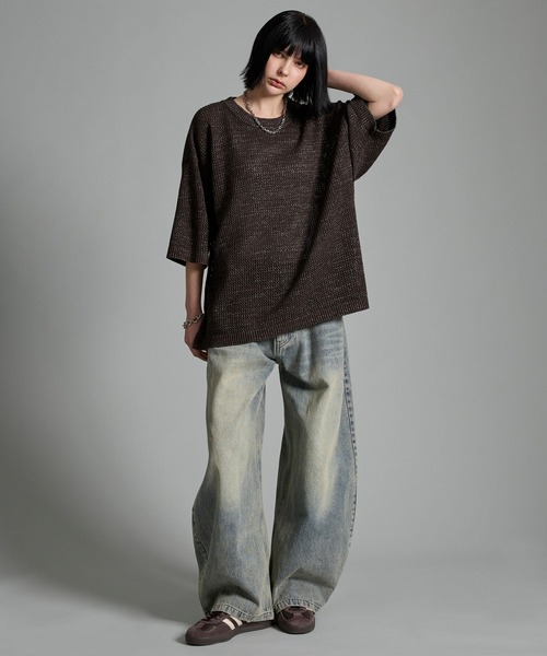 VELNUS（ベルナス）の「【VELNUS】Watermark knitting loose short sleeve lame summer knit/透かし編みルーズ半袖ラメサマーニット（Tシャツ/カットソー・メンズ・ホワイト/ブルー/ブラック/ブラウン/ボルドー・S/M/L）」の21枚目の写真