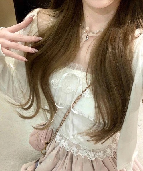 Achic（アシック）の「リボン付きフリルレーススリーブカーディガン（カーディガン/ボレロ・レディース・ピンク/アイボリー・M）」の14枚目の写真