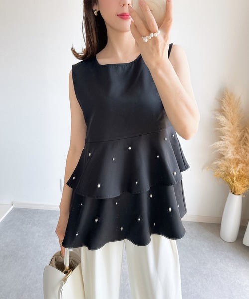 ZOZO限定】パール付きティアードノースリトップス（シャツ