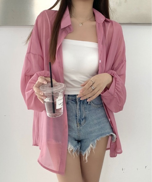 kirakiraShop(キラキラショップ)の「ボリューム スリーブ シアーシャツ(シャツ/ブラウス・レディース・ホワイト/ピンク/ピンク系/グリーン/チャコール/ブラック/アイボリー・FREE)」の7枚目の写真